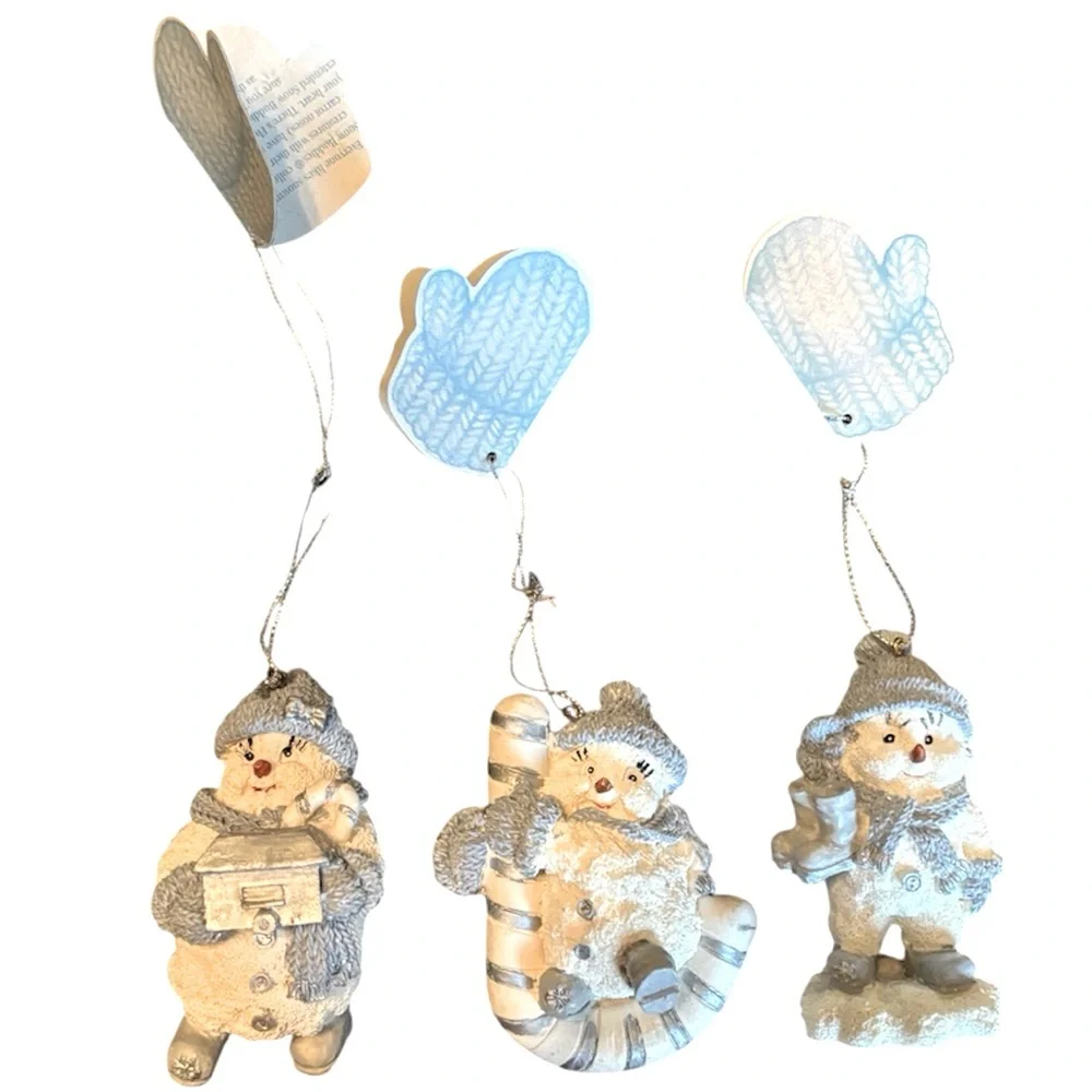 Snowman Holiday Ornaments Set Vintage Snow Buddies Collectible White Blue Silver